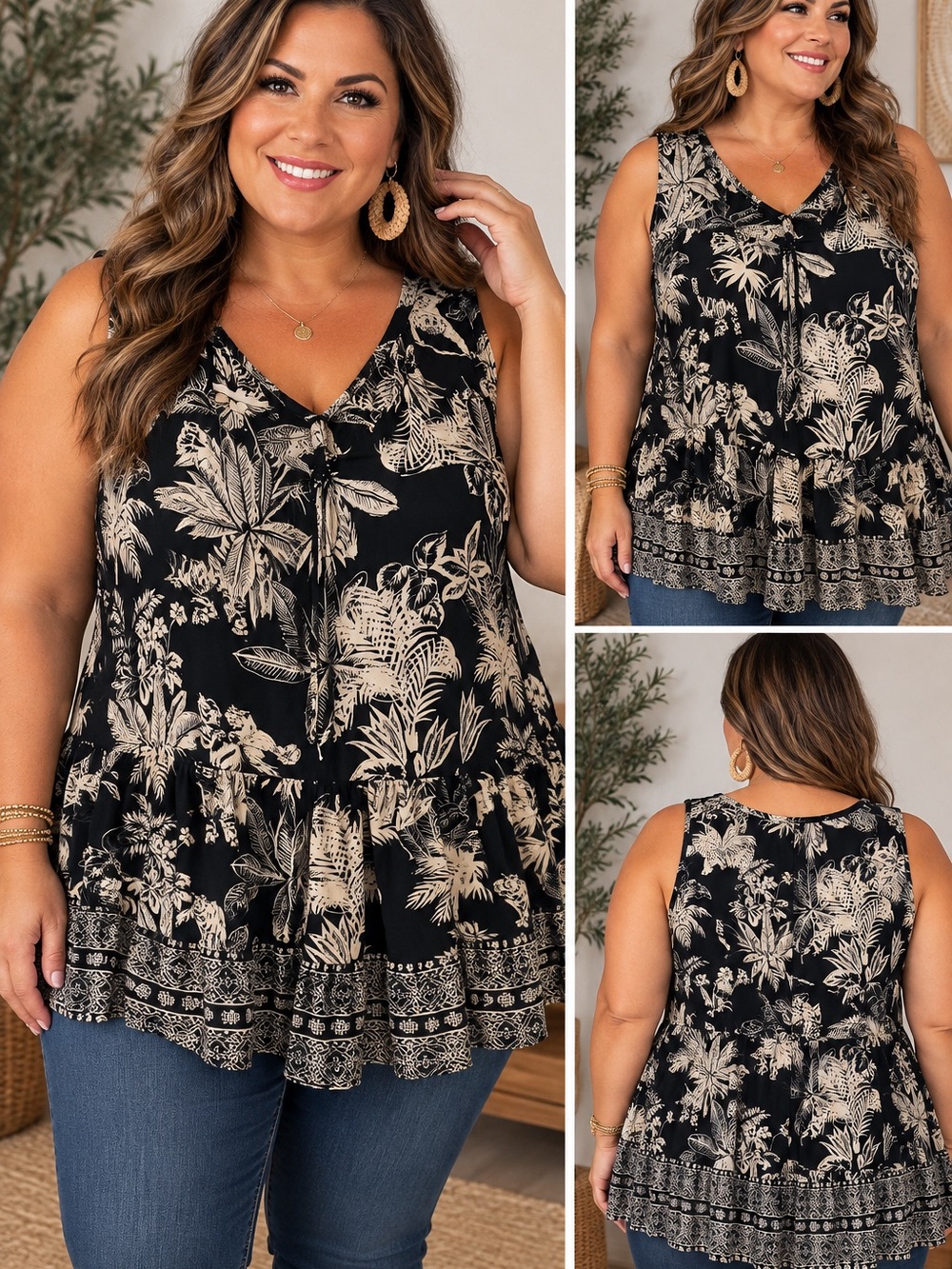 Plus Floral V-Neck Sleeveless Tunic Tank in Black and Cream